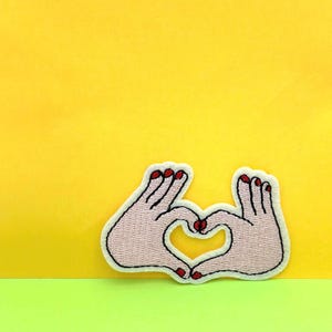 Okay Hands Iron-On Patch: Embroidered Heart Fingers Applique