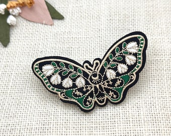 Embroidered Floral Moth Patch,  Green Black Insect Applique, Iron On Patch