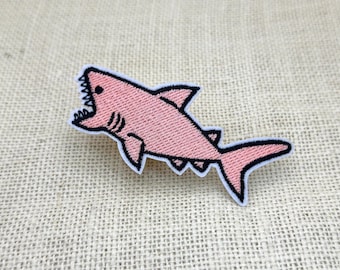 Pink Shark Embroidered Iron On Patch, Funny Applique