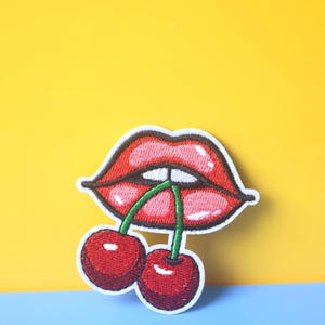retro lips with cherries rockabilly and vintage iron on patch/embroidered patch/funny patch/applique/sew on patch