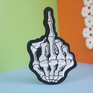 Middle Finger Skeleton Patch: Embroidered Iron-On Applique
