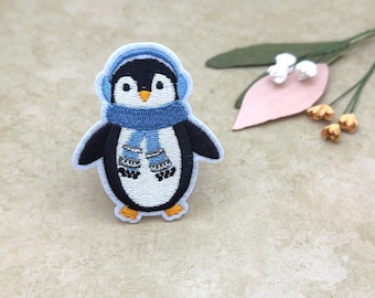 Penguin Embroidered Iron-On Patch – Winter Applique with Scarf