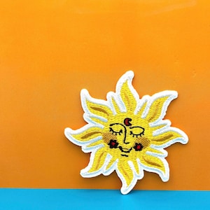 Smiling Sun Embroidered Patch: Yellow Sunshine Iron-On Applique