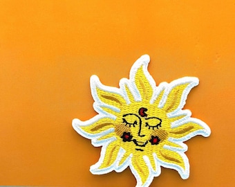 Smiling Sun Embroidered Patch: Yellow Sunshine Iron-On Applique