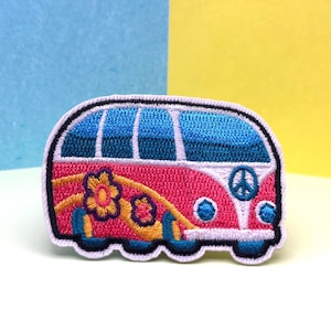 Patch de van hippie retrô, ônibus floral colorido com símbolo da paz, patch para passar a ferro/patch bordado/patch engraçado/aplique/patch para costura