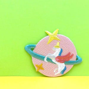 Unicorn Planet Embroidered Patch - Pink Iron-On Applique
