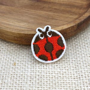 Peut inclure: Un écusson brodé circulaire représentant une coccinelle. La coccinelle possède un corps rouge vif avec des taches marron foncé, une tête marron foncé et deux petites antennes. Le motif est bordé d'un contour blanc épais sur une base en tissu.