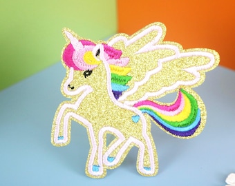 Golden Glitter Unicorn Patch: Rainbow Tail, Iron-On Applique