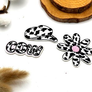 Cow Print Iron On Patch Set: Hat & Daisy Applique