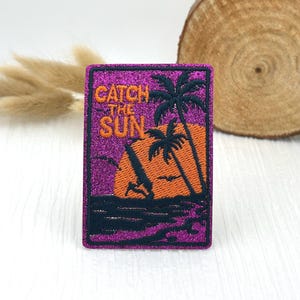 Catch the Sun Patch –Purple Sunset Palm Tree Beach Glitter Embroidered Iron On Badge