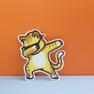 Dancing Tabby Cat Patch: Embroidered Iron-On Applique