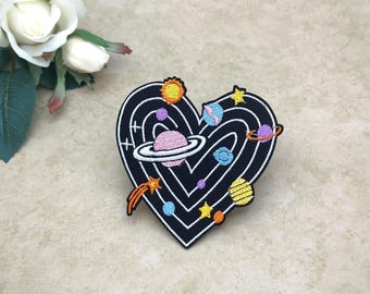 Space Heart Iron-On Patch, Galaxy Planet Applique