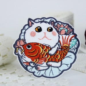 fish and cat patch, iron on patch/embroidered patch/funny patch/applique/sew on patch