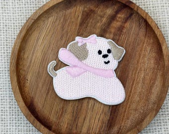 Pink Puppy with Scarf Iron-On Patch: Embroidered Pink Dog Applique