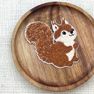 May include: Embroidered patch of a cartoon squirrel with brown fur, a fluffy tail, and a white belly. The squirrel has black eyes and is smiling. The patch is on a wooden plate.