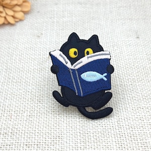 Reading Cat Iron On Patch, Black Kitty Embroidered Applique
