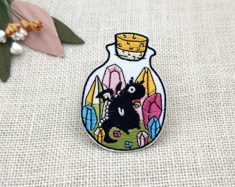Crystal Guardian Dragon Patch, Black Dragon in Magic Bottle Embroidered Iron On Applique