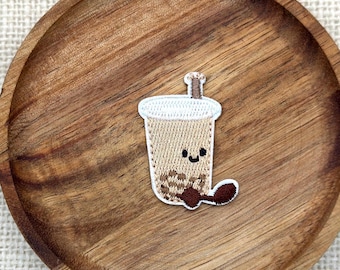 Sitting Boba Tea Patch: Embroidered Milk Tea Iron-On Applique