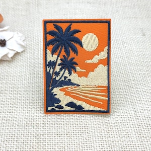 Retro Sunset Beach Patch: Palm Tree Iron-On Applique
