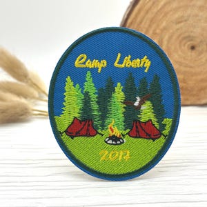 Camp Liberty with Tents and Fire Outdoor Camping patch, iron on patch/embroidered patch/funny patch/applique/sew on patch