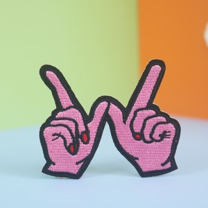Love Gesture Embroidered Iron-On Patch: Pink Hand Applique