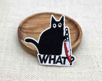 Creepy Black Cat Knife Embroidered Patch, Goth Halloween Sew On Applique