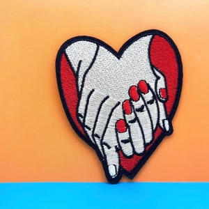 Hand in Hand Heart Patch: Embroidered Iron-On Applique