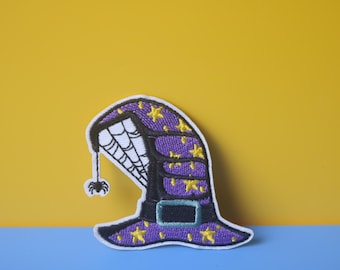 Purple Witch Hat Iron On Patch: Spider Web Halloween Applique