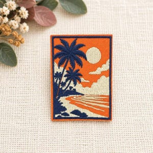 Retro Sunset Beach Patch: Palm Tree Iron-On Applique