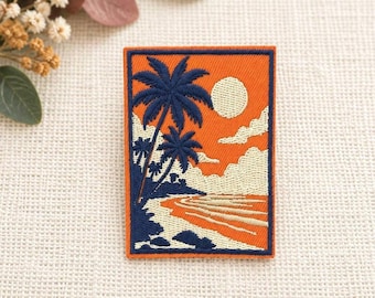 Retro Sunset Beach Patch: Palm Tree Iron-On Applique
