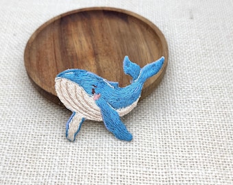 Blue Whale Iron-On Patch: Marine Animal Embroidered Applique