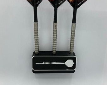 Wall holder for steel and soft darts with arrow logo without visible screw holes