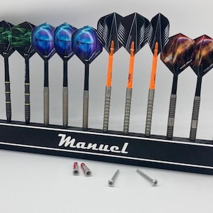 Personalized wall holder for steel and soft darts with your own name without visible screw holes