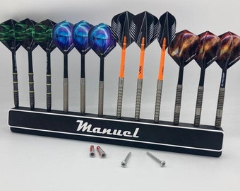 Personalized wall holder for steel and soft darts with your own name without visible screw holes