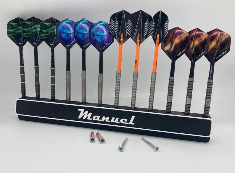 Personalized wall holder for steel and soft darts with your own name without visible screw holes image 1