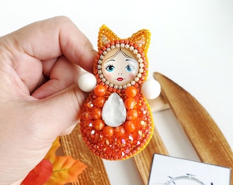Anime girl pin embroidered brooch, Matryoshka cute animal brooch, Nesting doll unique brooch y2k jewelry