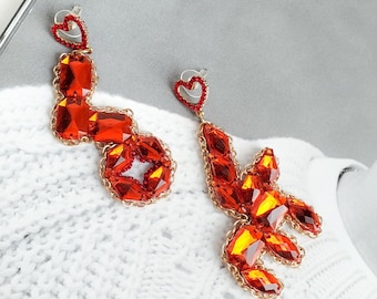 Ruby red earrings love yourself heart shaped earrings, Gold chain earrings custom Love sign, Stud earrings