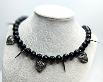 Black agate chakra jewelry, Gothic black agate choker collar, Black agate choker necklace
