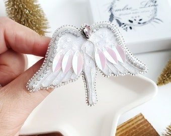 Guardian angel beaded brooch pin, White Angel brooch army gift ideas, Angel wings fabric handmade jewelry pin