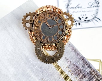 Steampunk Gears gothic brooch, Clocks and gears beaded brooch, clock bead jewelry unique watch pin