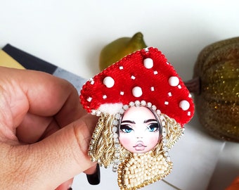 Red Mushroom Girl Embroidered Pin, Mushroom lapel pin, Mushroom Earth Nymph Beaded amanita brooch, Toadstool brooch Mori girl Witch jewelry