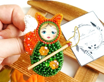 Nesting doll beaded brooch,  Anime girl pin animal unique brooch, Cute animal brooch folk jewelry