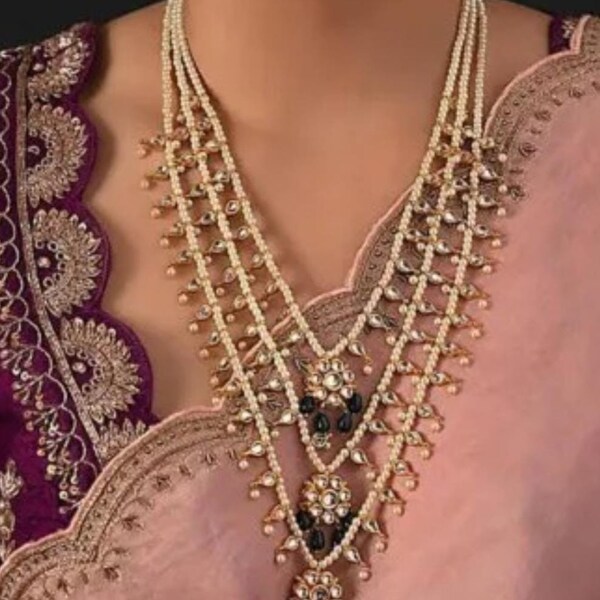 3 Schichten Kundan Perle Polki langes Haar Kundan Halsketten-Set/Braut Kundan Schmuck/Bollywood Style Kundan Halskettenset Frauen und Mädchen / Geschenk