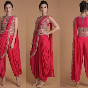 Red Crop Top With Dhoti Pants And Attached Dupatta Red Indian dress For Women Dhoti Pant for her Red