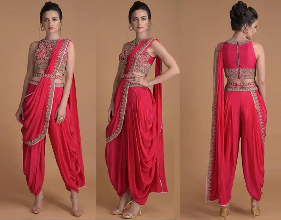 Chiffon Tulip Dhoti Pant With Crop Top With Jacket, Peach & Sky Blue at Rs  1250/piece in Mandsaur