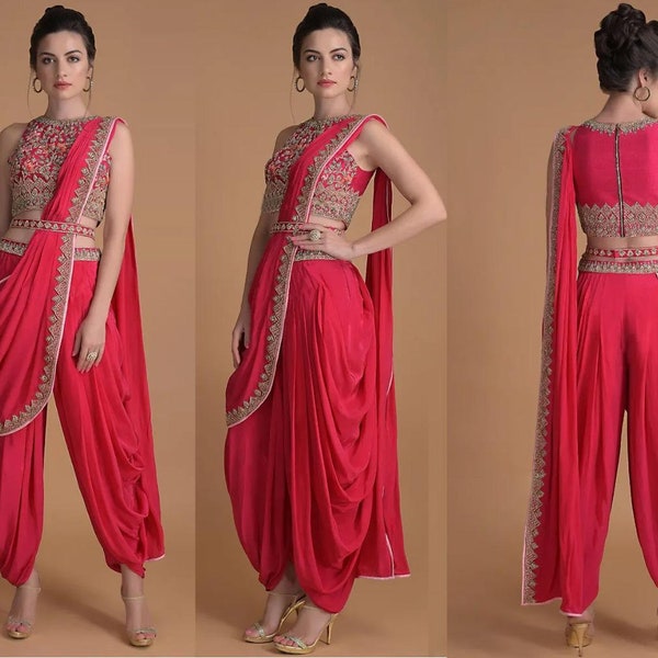 Crop top rouge avec pantalon Dhoti et dupatta attaché | Robe indienne rouge pour femme | Pantalon Dhoti pour elle