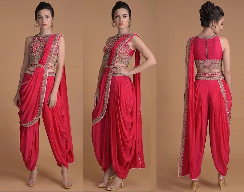 Red Crop Top With Dhoti Pants And Attached Dupatta Red Indian dress For Women Dhoti Pant for her Red