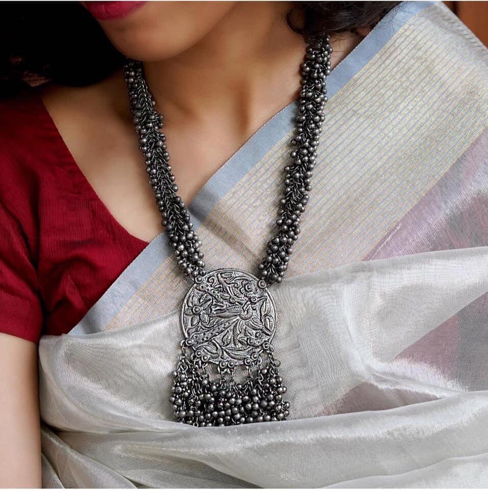 Silver Black Polish Oxidised Necklace 