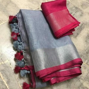 Linen saree Pure Organic with blouse piece Organic handwoven 100 count Linen saree ,Indian saree,Partywear saree