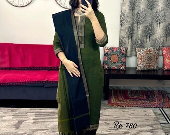 3 Pcs Cotton Kurti Set with Weaving Work on Dupatta |Green Kurti with Dupatta And Cotton Pant for women | Indian Kurti for her Office Wear